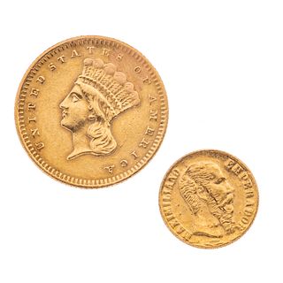 Dos monedas en oro amarillo de 21.6k. 1 dollar 1861 y 1 Maximiliano 1865. Peso: 2.2 g.