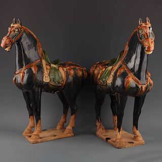 A Pair of Tang Tri-colored Blue Glaze Porcelain Horse Ornaments