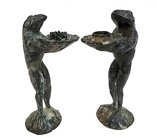 Pair Of Cast Brass Frog Form Candlesticks