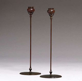 Tiffany Studios Tall Bronze Candlesticks c1905
