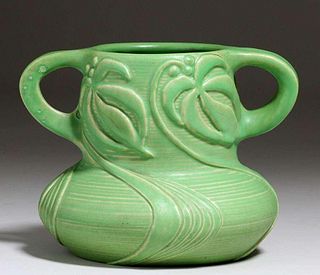 Early  Van Briggle  #82 Matte Green Two-Handled Vase
