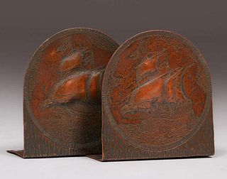 Hammered Copper Acid-Etched Galleon Ship Bookends