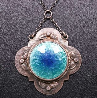 Arts & Crafts Hammered Silver & Enamel Pendant Necklace