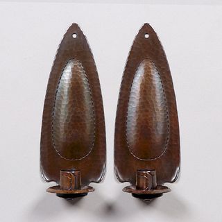 Pair Roycroft Hammered Copper Candle Sconces c1920s