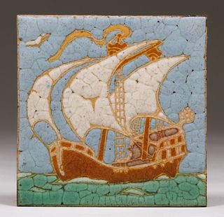 Grueby Pottery Galleon Ship Tile c1910