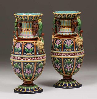Pair Wilhelm Schiller & Sons German Majolica Vases
