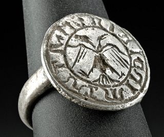 Roman / Byzantine Silver Signet Ring w/ Double Eagle