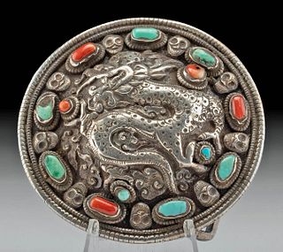 19th C. Tibetan Silver, Coral, & Turquoise Buckle