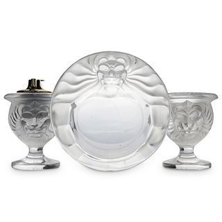 (3 Pc) Lalique "Tete De Lion" Crystal Smoker Set