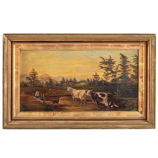 19th c. American Folk Art. Rural Landscape, oil