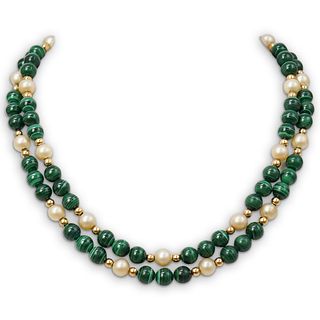 Malachite, Faux Pearl & Gold Beaded Necklace