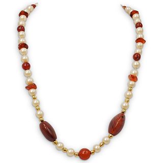 Agate, Faux Pearl & Gold Beaded Necklace