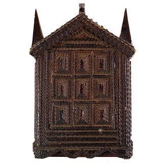Tramp Art Carved Wood Hanging Wall Cabinet