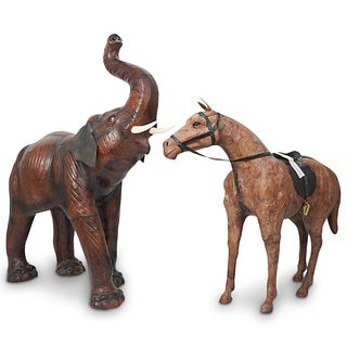 (2 Pc) Covered Leather Elephant and Horse