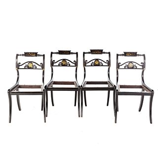 Four Regency Ebonized & Brass Inlaid Side Chairs
