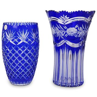 (2 Pc) Cobalt Blue Crystal Cut Vases