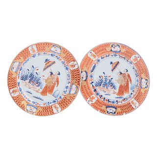 Pair of Chinese Export, Dame Au Parasol Plates