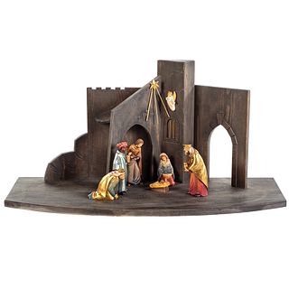 German Carved & Painted Wood Nativity with Stable