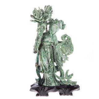 Chinese Carved Variegated Green Stone Quan yin