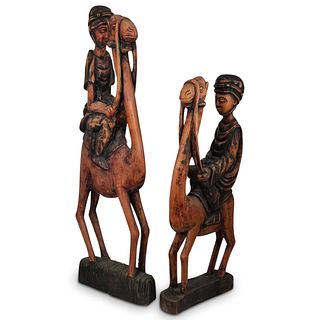 (2 Pc) Figural Wood Carved Camel Sculptures