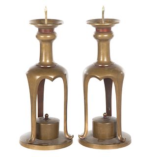 Pair Oriental Bronze Pricket Temple Candlesticks