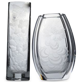 (2 Pc) Set of Crystal Etched Vases