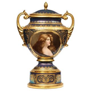 Monumental Royal Vienna Iridescent Porcelain Portrait Vase and Cover, circa 1880