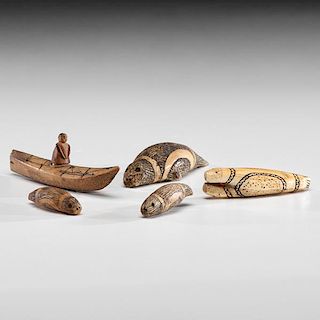 Eskimo Carved Bone, Wood, and Walrus Ivory Figures 