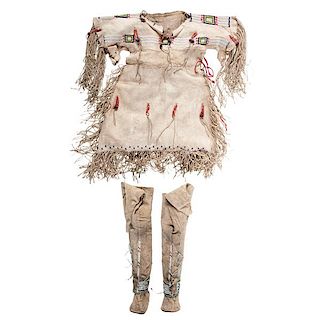 Central Plains Girl's Beaded Hide Dress, Leggings, and Moccasins 
