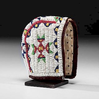 Sioux Child's Beaded Hide Bonnet from a Minnesota Collection 
