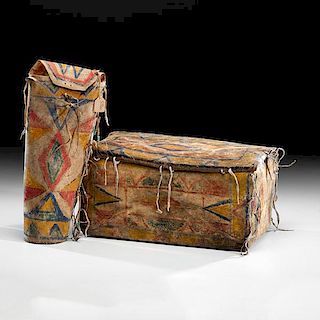 Sioux Polychrome Parfleche Trunk and Cylinder From a Minnesota Collection 