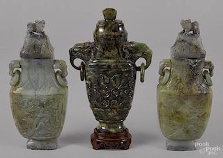 Chinese carved spinach and russet jade urn and c