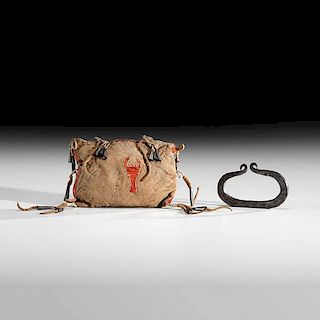 Northern Plains Quilled Hide Strike-a-Light Pouch with Contents from the William H. Jensen (1886-1960) Collection 