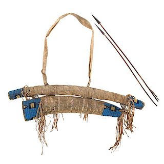 Northern Plains Beaded and Quilled Buffalo Hide Bowcase and Quiver with Bow and Arrows 