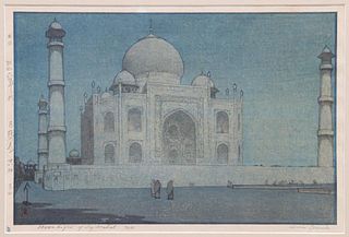 Hiroshi Yoshida Woodblock Moonlight of Taj Mahal c1931