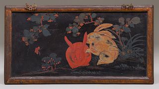 Antique Japanese Painted Rabbits Lacquer Panel c1900