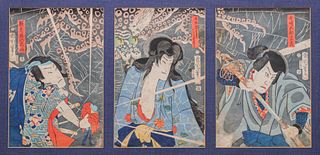 Toyohara Kunichika Triptych Japanese Woodblock Print
