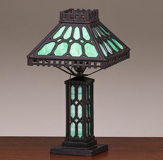 Arts & Crafts Cast Iron & Slag Glass Lamp c1910s