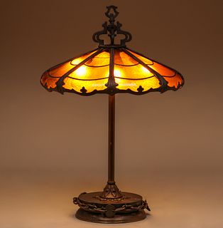 Large Spanish Arts & Crafts Hand-Forged Iron & Amber Glass Lamp c1910s