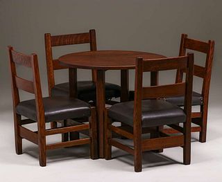 Gustav Stickley 24â€³d Childâ€™s Table & 4 Matching Chairs c1910