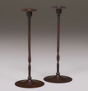 Tall Roycroft Hammered Copper Candlesticks c1920s