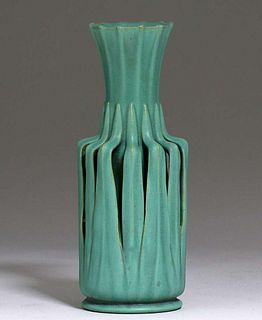 Teco Pottery #85 Matte Green Reticulated Leaves Vase c1910