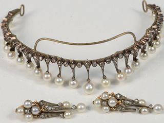 Three Piece Lot to Include Tiara and Earrings
having twenty-five pearls atop gold, set with three rose cut diamonds, each separated by rose cut diamon