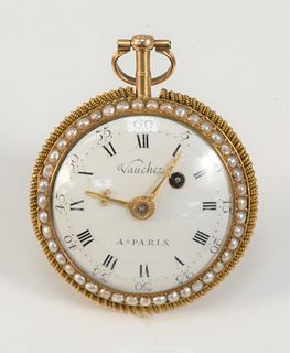 Vaucher Gold Lapel Watch
key wind with enameled dial with pearl surround, back also with pearl surround
signed Vaucher, Paris on dial and works
42.2 m