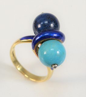 18 Karat Gold Ring 
set with blue turquoise and blue lapis beads surrounded by blue enamel
size 6 1/2