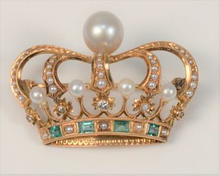 14 Karat Gold Crown Brooch
set with pearls and green stones
width 1 3/8 inches
5.8 grams