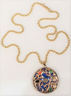 Chinese Carved Blue Lapis Disc Pendant
mounted with gold birds, and various stones, on 14 karat gold chain (one stone missing)
diameter 34 millimeters