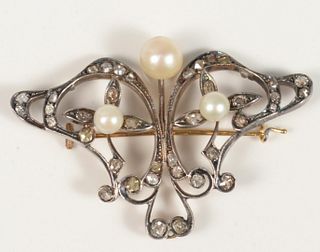14 Karat Gold Brooch
set with three pearls, and thirty-eight rose cut diamonds
width 2 1/8 inches
10.5 grams