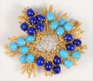 Tiffany & Company 18 Karat Gold Brooch 
set with turquoise, and lapis oval beads, and center with fifteen diamonds
largest diameter 3.2 millimeters
di
