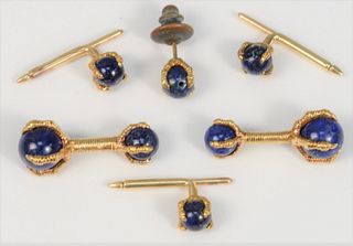 Tiffany & Company Six Piece Gold and Lapis Tuxedo Set
claw and ball design, to include two 18 Karat and lapis cufflinks
three 14 karat shirt studs, an